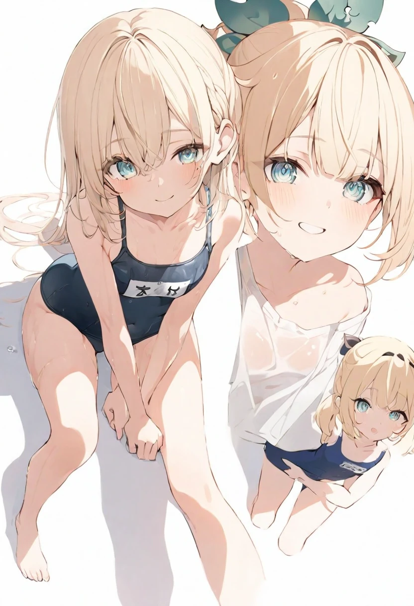 (muste piece), (best quality), (score_9, score_8_up, score_7_up), very detailed eyes, expressive eyes, perfect face, very detailed face, highly detailed face, beautiful girl, 8K, beautiful girl, white background, delicate and beautiful face and eyes, dark intense shadow,
1 girl, vtuber style, cool girl, hololive, Kazama Iroha, blond hair, school swimsuit, small chest, cropped shoulders, clavicle, wet body, wet hair, one eye close winking, smile, body visible through clothes, chest visible through clothes, ass visible through thighs, (full body), barefoot, naked thighs, sitting, open legs wide,