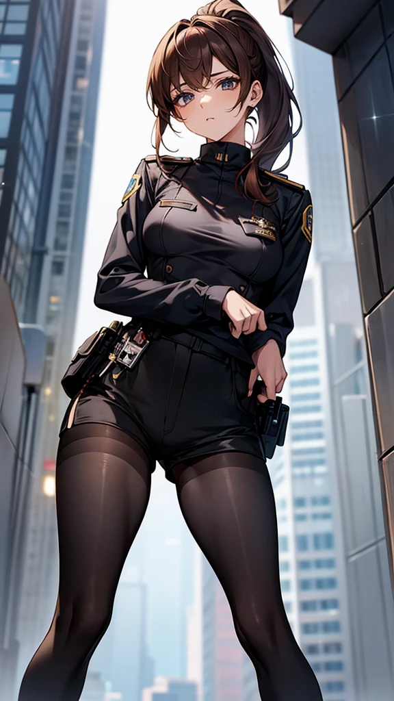 {{masterpiece}}, {{{best quality}}},{{ultra-detailed}}, {{illustration}},{{tall stature}},{{adult women}},((Black tights and shorts)),Small breasts,Slender,{{Hands on hips}},((Leggings with integrated shorts)), Female police officer　Brown hair ponytail　Place your hands on your knees　1 female,alone,　City of night　long sleeve police uniform　Black pantyhose　View from below