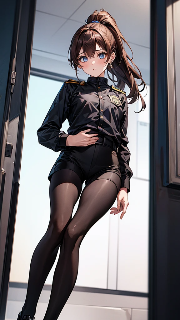 {{masterpiece}}, {{{best quality}}},{{ultra-detailed}}, {{illustration}},{{tall stature}},{{adult women}},((Black tights and shorts)),Small breasts,Slender,{{Hands on hips}},((Leggings with integrated shorts)), Female police officer Brown hair ponytail Place your hands on your knees 1 female,alone, City of night long sleeve police uniform Black pantyhose View from below