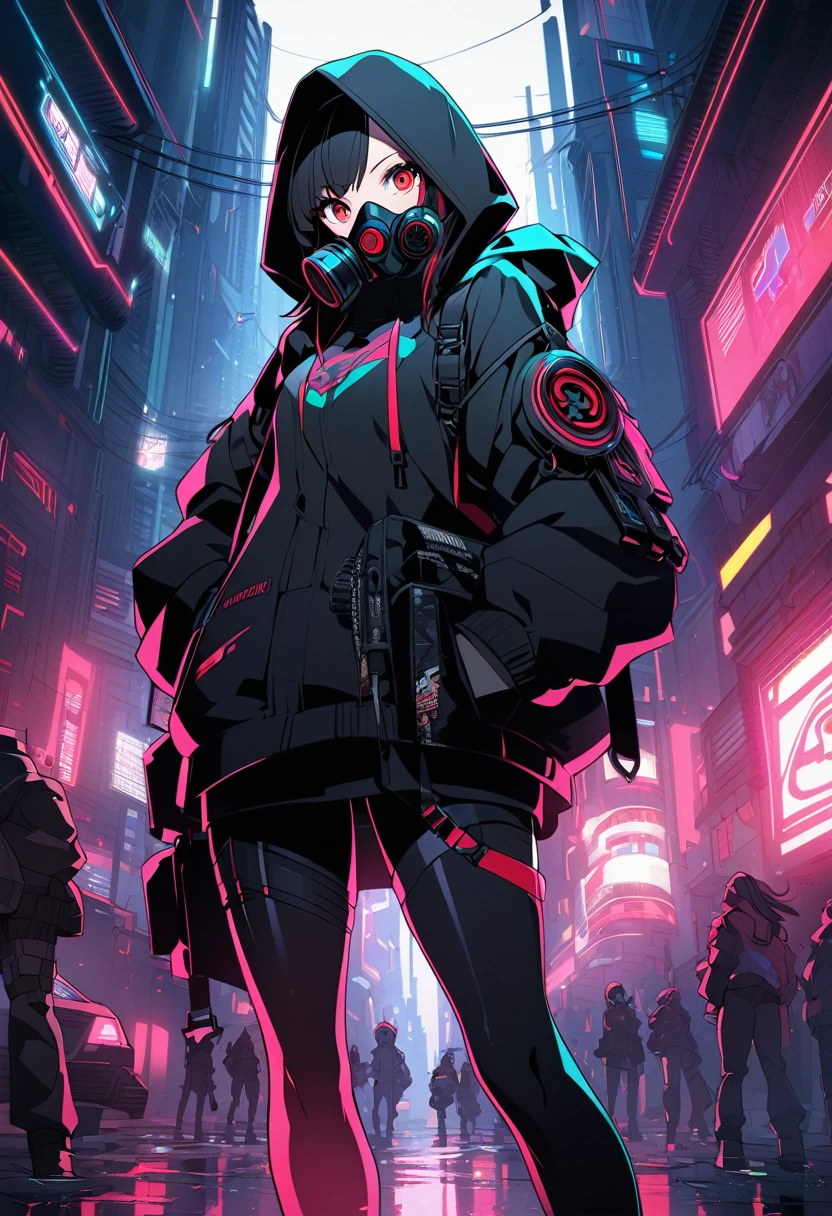 anime girl with gas mask and hood on, Cyberpunk anime girl in a hoodie, she wear red eyed gas mask, Spectacular anime style, wearing a gas mask, gas mask, gas mask, Amazing anime 8k, Anime Cyberpunk art, Wearing a pitch black menpo mask, she wear gas mask, Anime Cyberpunk,
