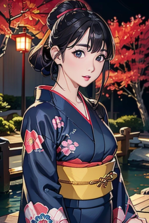 (Highest quality、 8k wallpaper、masterpiece、High resolution)、Vibrant colors、Ample breasts、Black hair in a Japanese round topknot、Beautiful girl in yukata、(Highly detailed face and eyes、Beautiful Face、Beautiful Eyes、Beautiful nose、Pretty lips)、A friendly gaze、Highly detailed background、Japanese garden、moonlight、Autumn scenery、Cowboy Shot、Official Art、