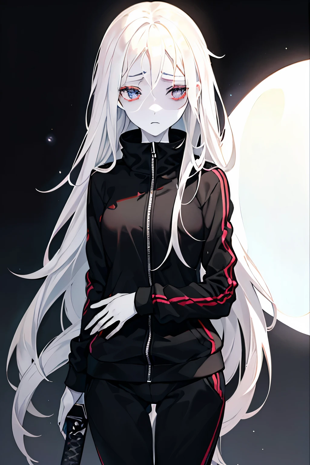 //Character
1girl, slim and soft, small breast, ultra detailed face, super cute, innocent, round face, thin eyeblow, black eyes, (translucent skin, super extra pale, looks ill, looks sad:1.6), (shadow on her cheek), sorrow, scared, extra long hair, white hair, forehead, looks like she's going to cry,
BREAK
//Fashion
((black Tracksuit)), ((katana)),
BREAK