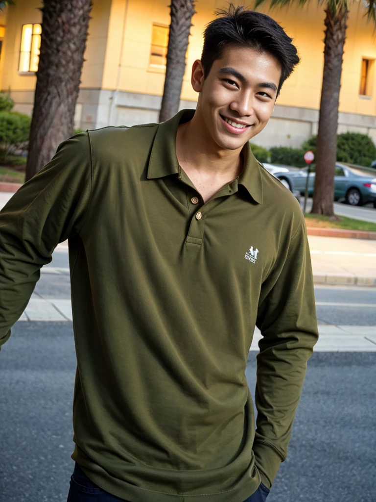 (best quality, 4K, 8k, high resolution, Masterpiece: 1.2), Special details, (realistically, As realistic as a photo, photo realistic: 1.37), Edge lighting, Extra detailed coloring, sharp focus, Physical rendering ,Extremely detailed description,professional,light color,Bokeh,Portrait,look at the viewer, Young Asian man, 20 years old ,(wearing a brown polo shirt), smile ,Wide yard