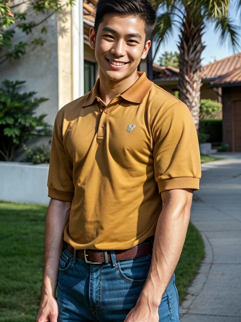 (best quality, 4K, 8k, high resolution, Masterpiece: 1.2), Special details, (realistically, As realistic as a photo, photo realistic: 1.37), Edge lighting, Extra detailed coloring, sharp focus, Physical rendering ,Extremely detailed description,professional,light color,Bokeh,Portrait,look at the viewer, Young Asian man, 20 years old ,(wearing a brown polo shirt), smile ,Wide yard