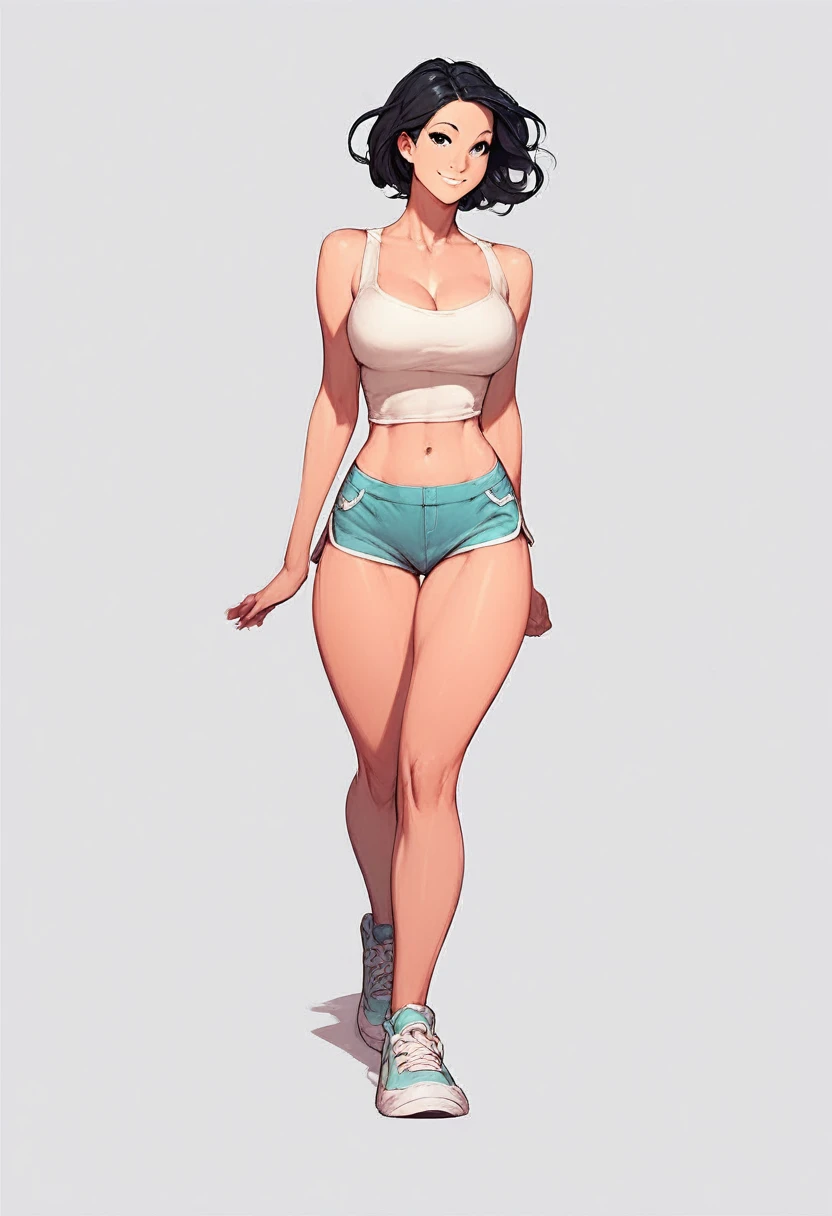 Score_9, Score_8_up, Score_7_up, 1 girl, black hair, black eyes, curvy figure, smile, microshorts, white tank top, sneakers, navel, big bust, walking, simple background, white background,