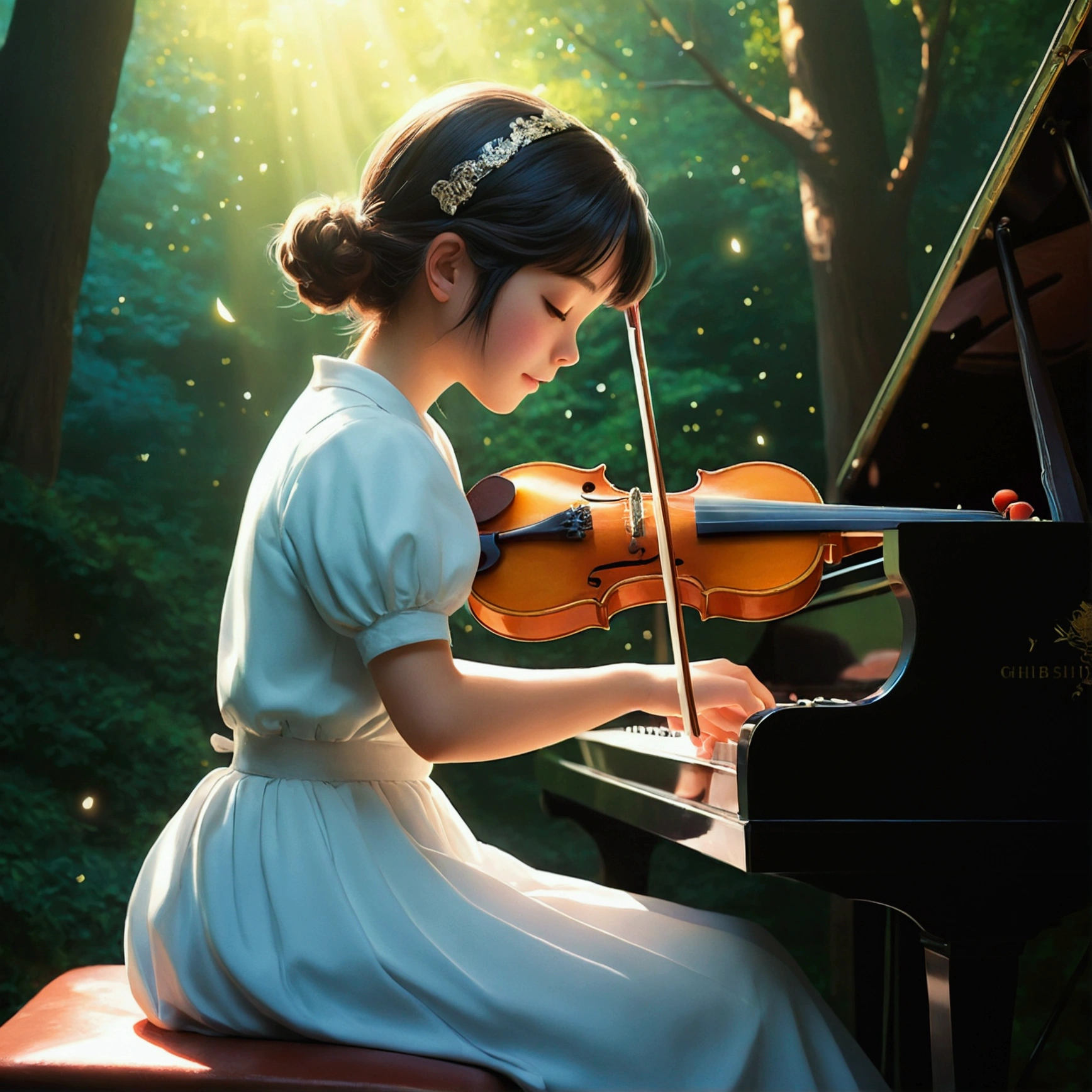 A girl playing a beautiful tune, Highest quality, Sparkle Effect, Ghibli-style colors,