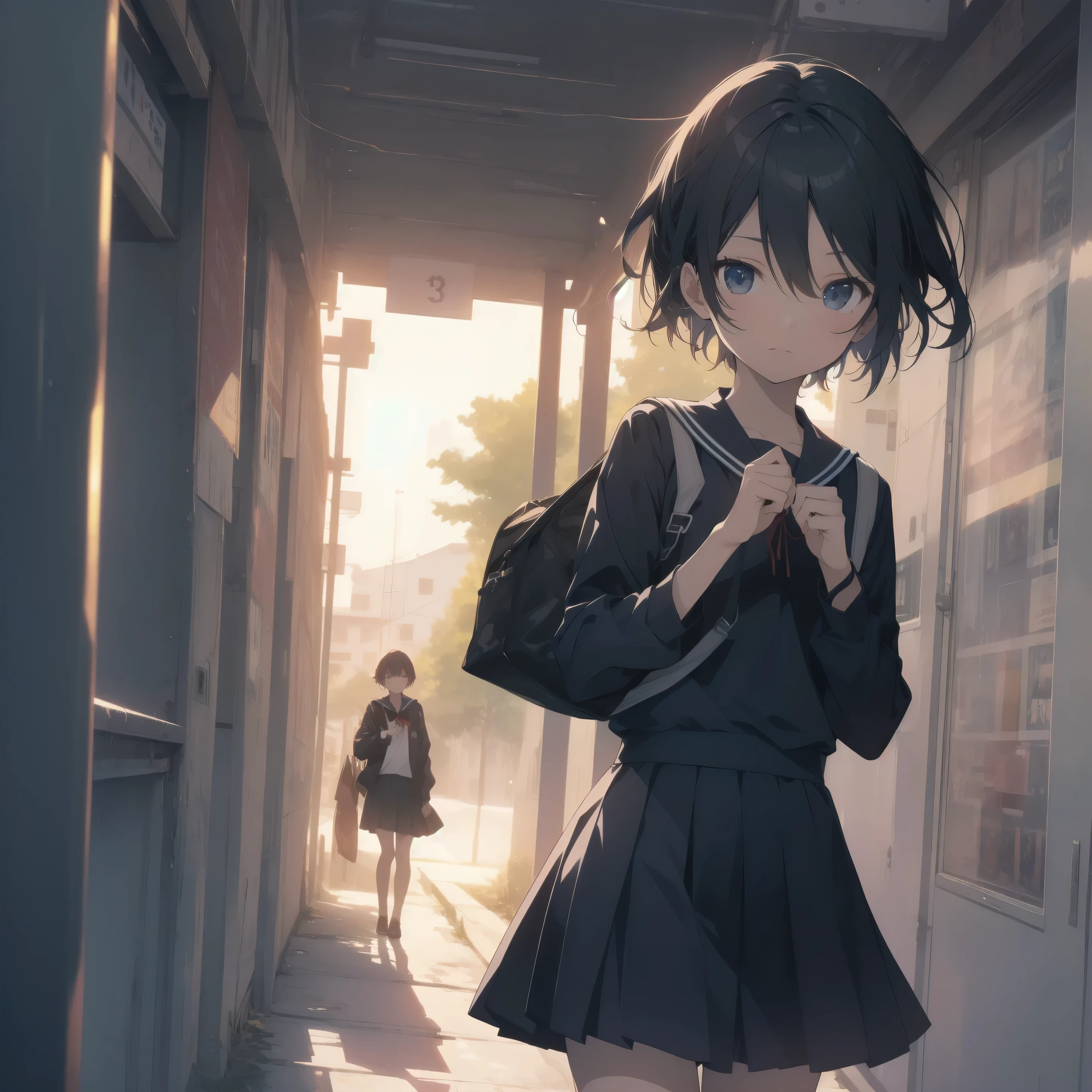 ultra-absurdres-Top quality by artist God, ultra-detailed, high resolution, anime moe artstyle, best anime 8k konachan wallpaper, pixiv contest winner, pool:2810, perfect anatomy,break, 1girl, (Please draw a girl walking sleepily to school alone. )break,(Solo,little female, 13-year-old:1.3),Full limbs, complete fingers,a junior high school student, (very short hair), short cut, flat chest, , small butt, small black eyes, beautiful detailed eyes, well-proportioned iris and pupils, expressive eyes, highres detailed hair, soft expression, salor school_uniform, sailor collar, serahuku, bow, pleated skirt,(Detailed Lighting), (Detailed background), in the School commute route. break,super detailed skin, Best cinematic lighting powered by famous artist, 8k,beauty illustration,photoshop_(medium),very aesthetic,break,((artist:yuuhagi_(amaretto-no-natsu) )), artist:clamp ,artist:carnelian ,artist:kantoku ,