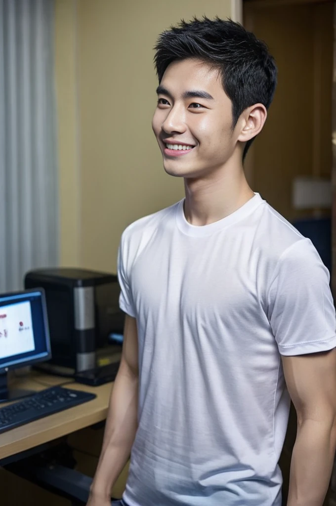 Korean man, Inspiration from Peng Yuyan, 23 years old, Korean muscular man ,The computer room is in the back, tight sports t-shirts, navy blue., open mouth smile