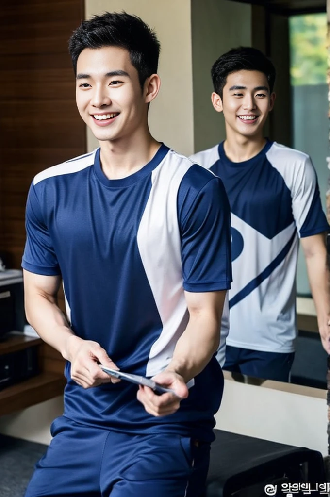 Korean man, Inspiration from Peng Yuyan, 23 years old, Korean muscular man ，The computer room is in the back, tight sports t-shirts, navy blue., open mouth smile