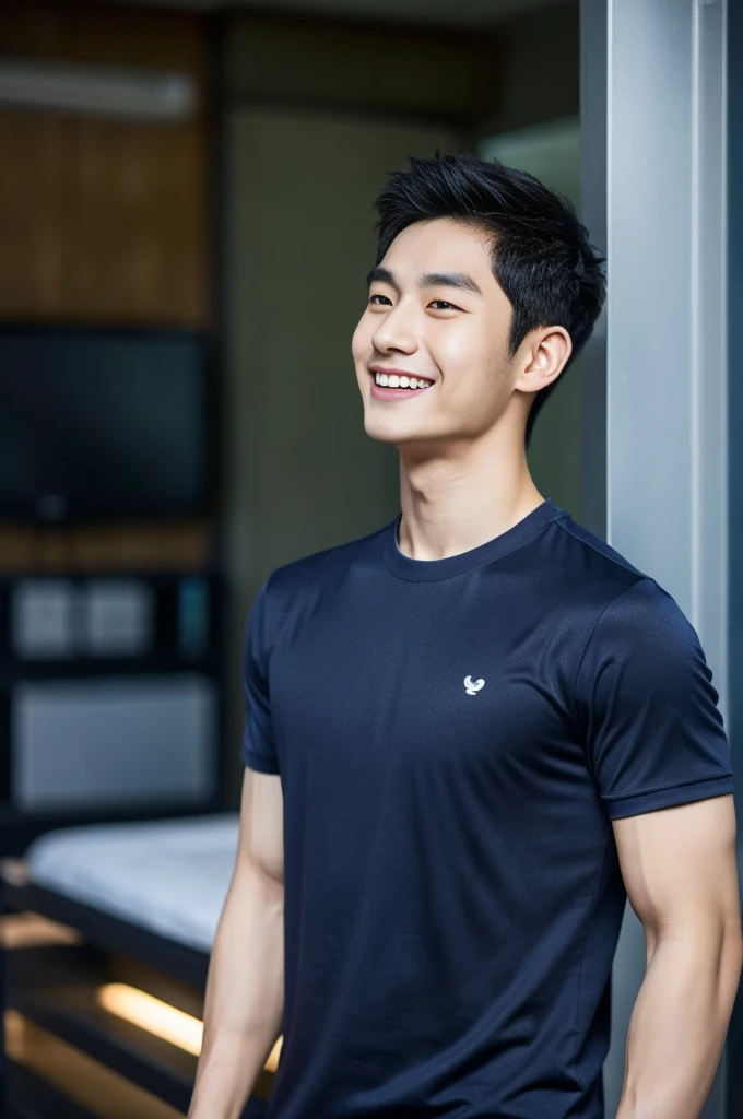 Korean man, Inspiration from Peng Yuyan, 23 years old, Korean muscular man ，The computer room is in the back, tight sports t-shirts, navy blue., open mouth smile