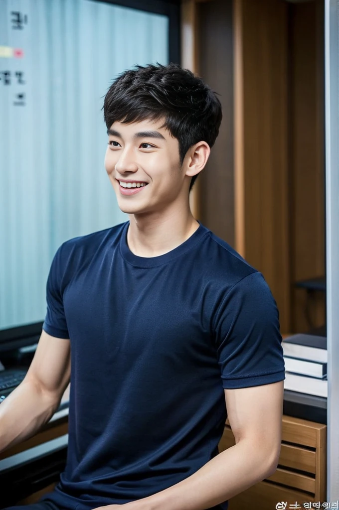 Korean man, Inspiration from Peng Yuyan, 23 years old, Korean muscular man ,The computer room is in the back, tight sports t-shirts, navy blue., open mouth smile