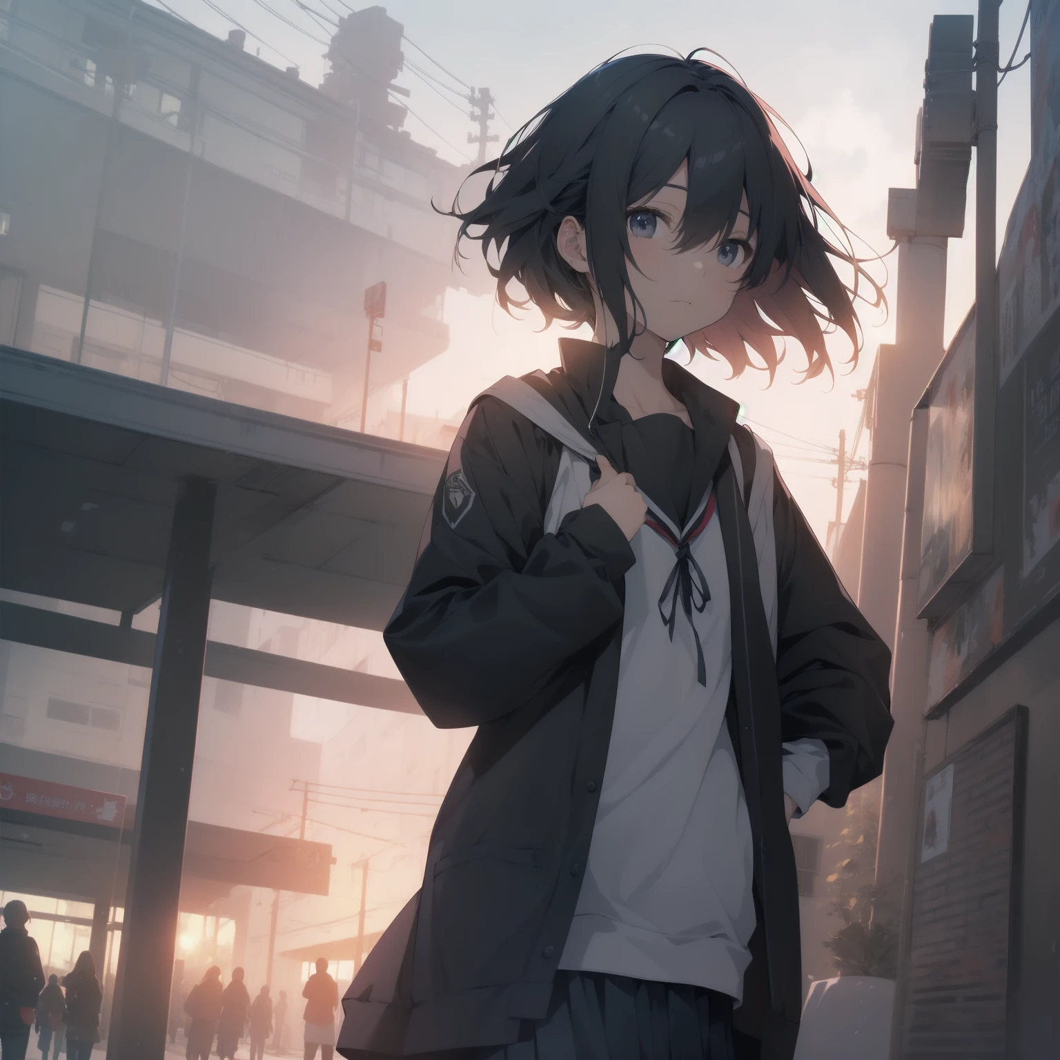 ultra-absurdres-Top quality by artist God, ultra-detailed, high resolution, anime moe artstyle, best anime 8k konachan wallpaper, pixiv contest winner, pool:2810, perfect anatomy,break, 1girl, (Please draw a girl walking sleepily to school alone. )break,(Solo,little female, 13-year-old:1.3),Full limbs, complete fingers,a junior high school student, (very short hair), short cut, flat chest, , small butt, small black eyes, beautiful detailed eyes, well-proportioned iris and pupils, expressive eyes, highres detailed hair, soft expression, salor school_uniform, sailor collar, serahuku, bow, pleated skirt,(Detailed Lighting), (Detailed background), in the School commute route. break,super detailed skin, Best cinematic lighting powered by famous artist, 8k,beauty illustration,photoshop_(medium),very aesthetic,break,((artist:yuuhagi_(amaretto-no-natsu) )), artist:clamp ,artist:carnelian ,artist:kantoku ,