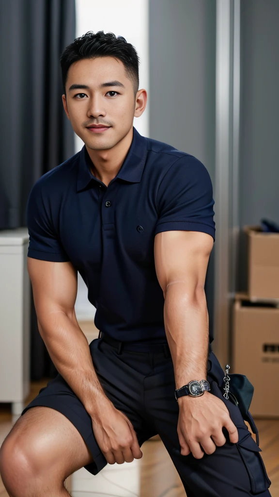 Masterpiece, best quality, high resolution, realistic, handsome, Take beautiful photos, A photo of a 35-year-old Gym Association member sitting on the floor. (The man has a thin mustache.) ,Full body, Portrait, Standing in the locker room, make military media, weight, Amazing , Buzzcut short hair,stubble head , (Hyper Muscle),looking at the audience, Flirt with the camera, charming, (Tight navy blue polo shirt Cargo pants ),(GS-Male:1), 8k,Bokeh,Portrait,look at the viewer, smile 