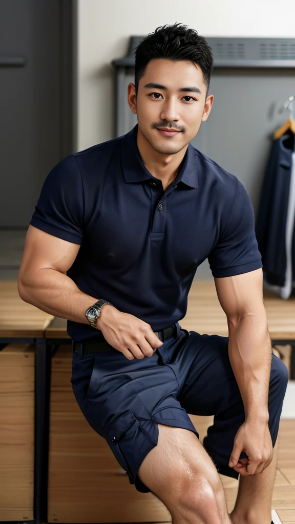 Masterpiece, best quality, high resolution, realistic, handsome, Take beautiful photos, A photo of a 35-year-old Gym Association member sitting on the floor. (The man has a thin mustache.) ,Full body, Portrait, Standing in the locker room, make military media, weight, Amazing , Buzzcut short hair,stubble head , (Hyper Muscle),looking at the audience, Flirt with the camera, charming, (Tight navy blue polo shirt Cargo pants ),(GS-Male:1), 8k,Bokeh,Portrait,look at the viewer, smile