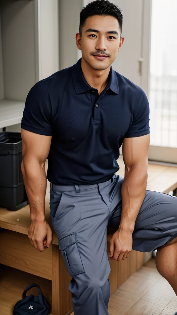 Masterpiece, best quality, high resolution, realistic, handsome, Take beautiful photos, A photo of a 35-year-old Gym Association member sitting on the floor. (The man has a thin mustache.) ,Full body, Portrait, Standing in the locker room, make military media, weight, Amazing , Buzzcut short hair,stubble head , (Hyper Muscle),looking at the audience, Flirt with the camera, charming, (Tight navy blue polo shirt Cargo pants ),(GS-Male:1), 8k,Bokeh,Portrait,look at the viewer, smile 