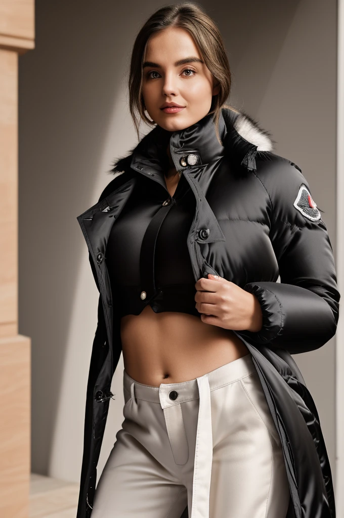 (photograph of Sydney, in black  moncler silk puffer coat), ((looking at viewer)), photorealistic, large , silk 
