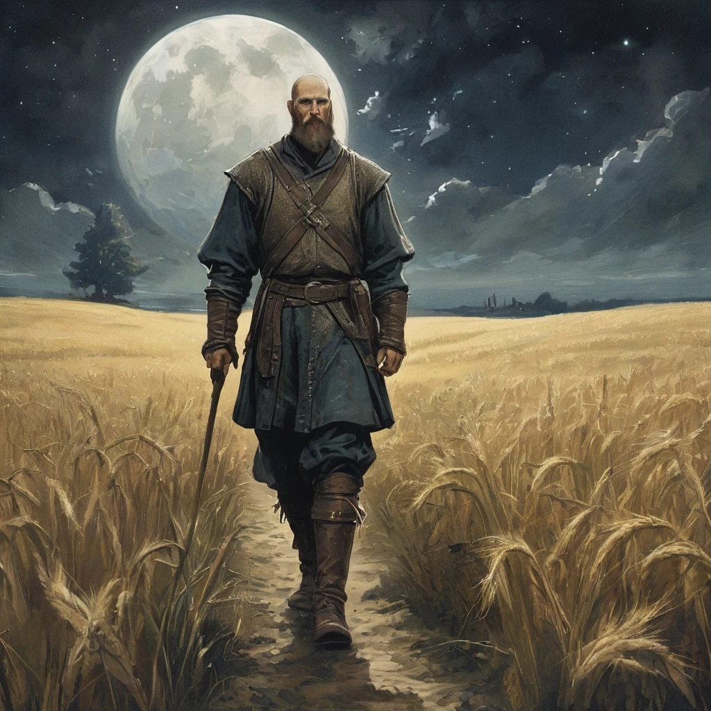 Create an image of a bald, bearded man walking through a wheat field at night. He is dressed in rugged medieval attire, consisting of a worn leather tunic, sturdy trousers, and heavy boots, which contrast with the golden hues of the wheat that sway gently in the nighttime breeze.

In one hand, he holds a large, old-fashioned bottle of beer, its contents catching the moonlight and adding a glimmer to the scene. His expression is relaxed and contemplative, as if he is savoring a moment of solitude amidst the vast expanse of the field.

The night sky above is dotted with stars, and a full moon casts a soft, silvery light over the landscape, illuminating the wheat field and creating long, dramatic shadows. The scene conveys a sense of peaceful solitude and reflection, juxtaposed with the ruggedness of the man’s appearance and the simplicity of his nighttime wander.

This image captures a quiet, introspective moment in a medieval setting, emphasizing the contrast between the serenity of the natural world and the man’s solitary presence.