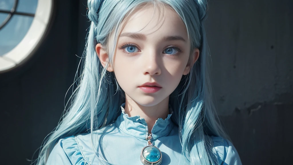 With a girl(solo)、photograph、Fantasy、(Loretta Lux:1.3)、pastel colour:、freckles、Surrealism:1.1、Low contrast:1.2、Ultra-detailed、8k、Perfect Blue Eyes、photograph:1.9,
