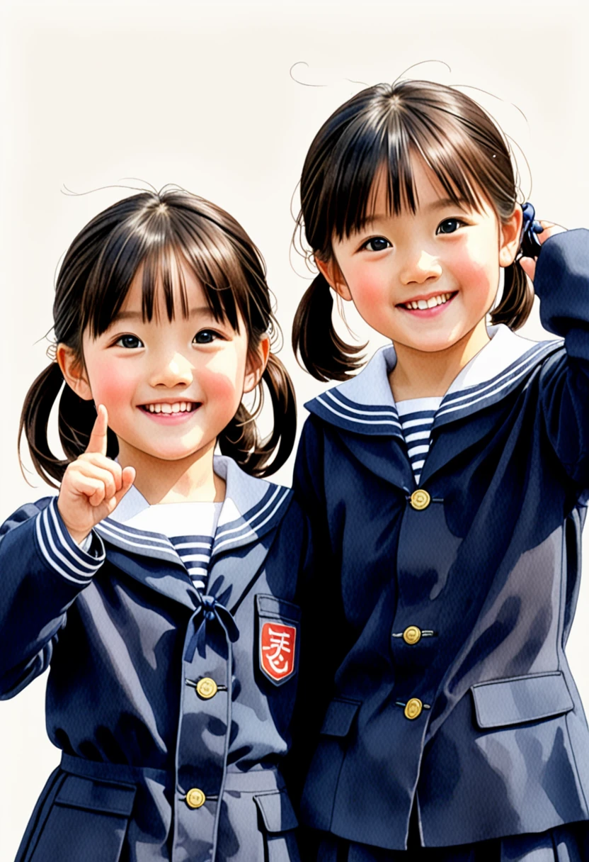 Hand-drawn watercolor illustration, Two Girls,Japanese , Navy blue sailor suit,6 years old, smile,Point diapwards,cute, cute, Simple, Pencil line drawing