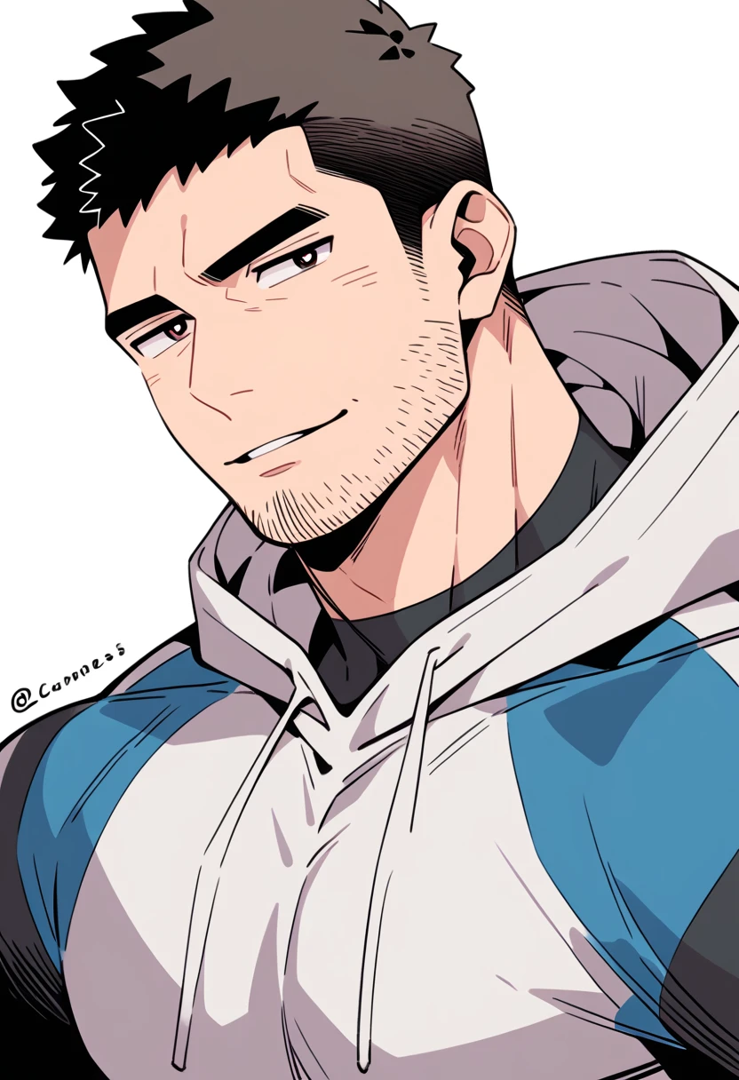 anime characters:Chris Redfield, Muscle Sports Student, Buzz Cut, Manliness, male focus, Sports tight hooded sweatshirt, Wear a black high-necked tights inside, Very tight, full and perky chest muscles, muscular male, muscular, only, Upper body, alone, Red short hair, Thick eyebrows, stubble, Brown-red pupils, White background, simple background, amazing quality, best aesthetics, Ridiculous, crew cut, parted lips, naughty face, jitome, v-shaped eyebrows, negative space, best quality
