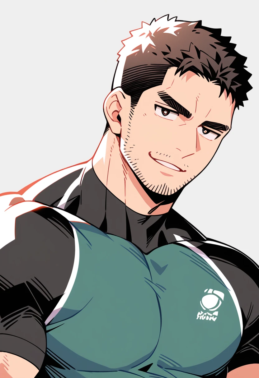 anime characters:Chris Redfield, Muscle Sports Student, Buzz Cut, Manliness, male focus, Sports tight hooded sweatshirt, Wear a black high-necked tights inside, Very tight, full and perky chest muscles, muscular male, muscular, only, Upper body, alone, Red short hair, Thick eyebrows, stubble, Brown-red pupils, White background, simple background, amazing quality, best aesthetics, Ridiculous, crew cut, parted lips, naughty face, jitome, v-shaped eyebrows, negative space, best quality