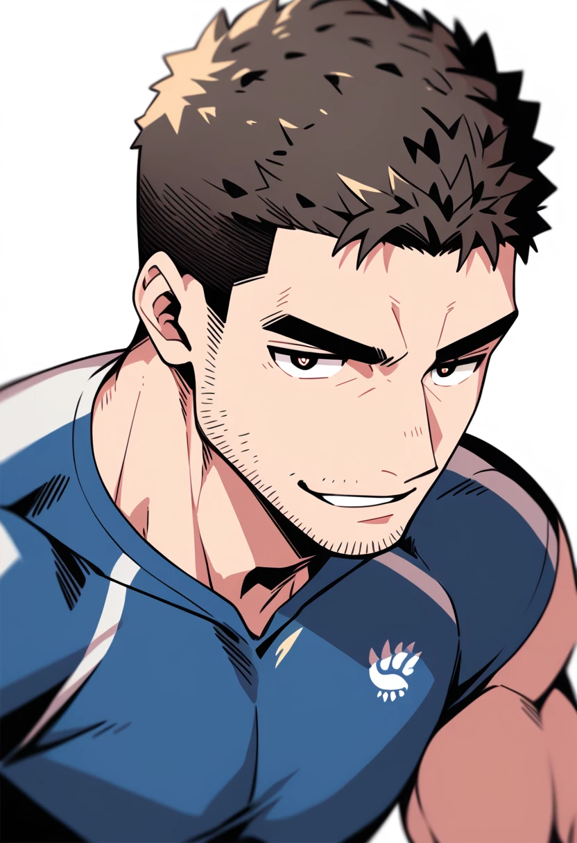 anime characters:Chris Redfield, Muscle Sports Student, Buzz Cut, Manliness, male focus, Sports tight hooded sweatshirt, Wear a black high-necked tights inside, Very tight, full and perky chest muscles, muscular male, muscular, only, Upper body, alone, Red short hair, Thick eyebrows, stubble, Brown-red pupils, White background, simple background, amazing quality, best aesthetics, Ridiculous, crew cut, parted lips, naughty face, jitome, v-shaped eyebrows, negative space, best quality