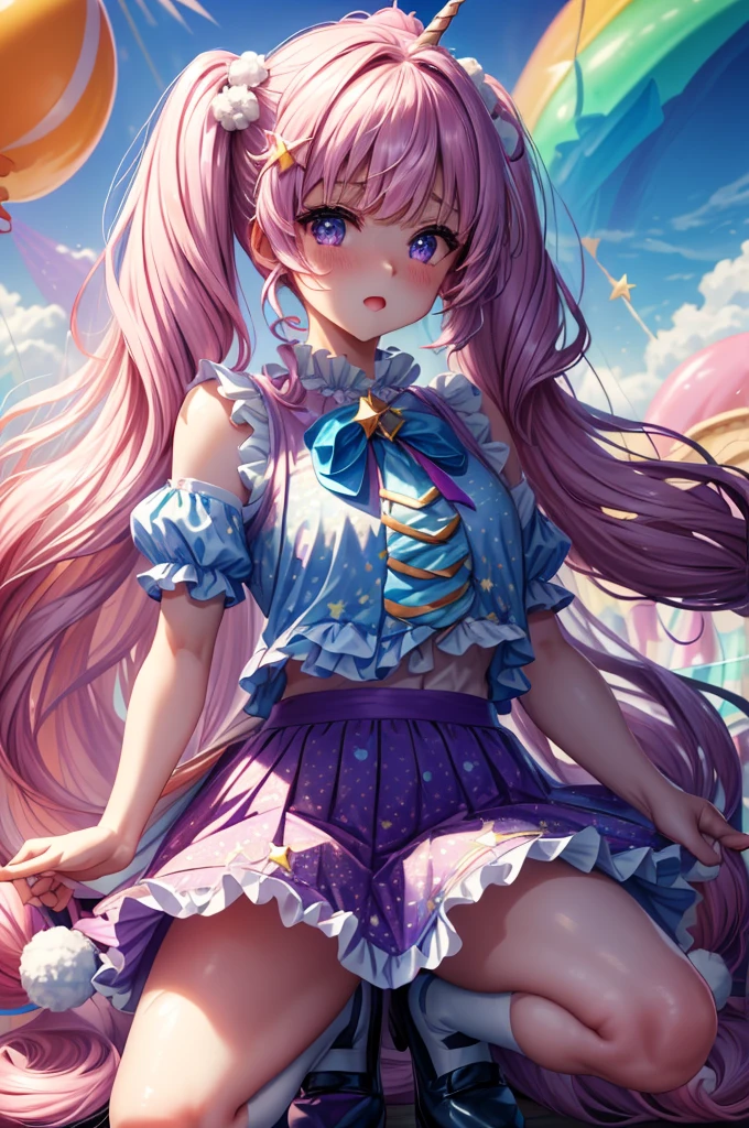 (whole body, legs and shoes visible: 1.2)) Expressive eyes, One girl, Pale skin, Long Hair, Windblown Hair, ((absurdly Long Hair)), Long Side Lock, Princess bangs, Hair bangs, Hair Bun, ((Very long twin tails)), Rainbow Hair, Light pink hair, blush, full face blush, big sparkling Pastel Purple eyes, (Gradient Eye), Laughing with your mouth open, cute pose, ((Holding a balloon : 1.3)) ((cute and pastel fashion)) ((🦄🎠🎈🎉 theme : 1.4)) A loose pastel dress, ((Dreamy multi-colored open dress)), (Floating ribbon), Lavender Frill, Pink frills, (Light blue lace), Removable short sleeves, Fluffy skirt, ((Rainbow and star printed skirt : 1.3)), Lolita Skirt, Purple ribbon, ((pom pom ribbon hair ornament : 1.4)), Multiple Bows, Striped lace stockings, (heart型のレッグガーター), cute (Pastel Purple) shoes ((Ultra-detailed clothing and fashion)) I&#39;m watching you, Vintage Girl, blush, (Beautiful attention to detail), (Highly detailed CG Unity 8k wallpaper) (Best Shadow), ((Very delicate and beautiful)), (Detailed light), ((Depth of written boundary)) Big Head, Big, bright eyes, Moe, Splash Art, Cinema Lighting, Front view, volumetric lighting maximalist photo illustration k resolution high resolution intricate detailed complex key visuals precise linear ((Dreamy pastel sky background, Surrounded by sunset clouds, shooting star, Castle above the clouds)) ((Ultra-detailed landscapes, Foggy clouds, Hung by balloons, heart : 1.3))

