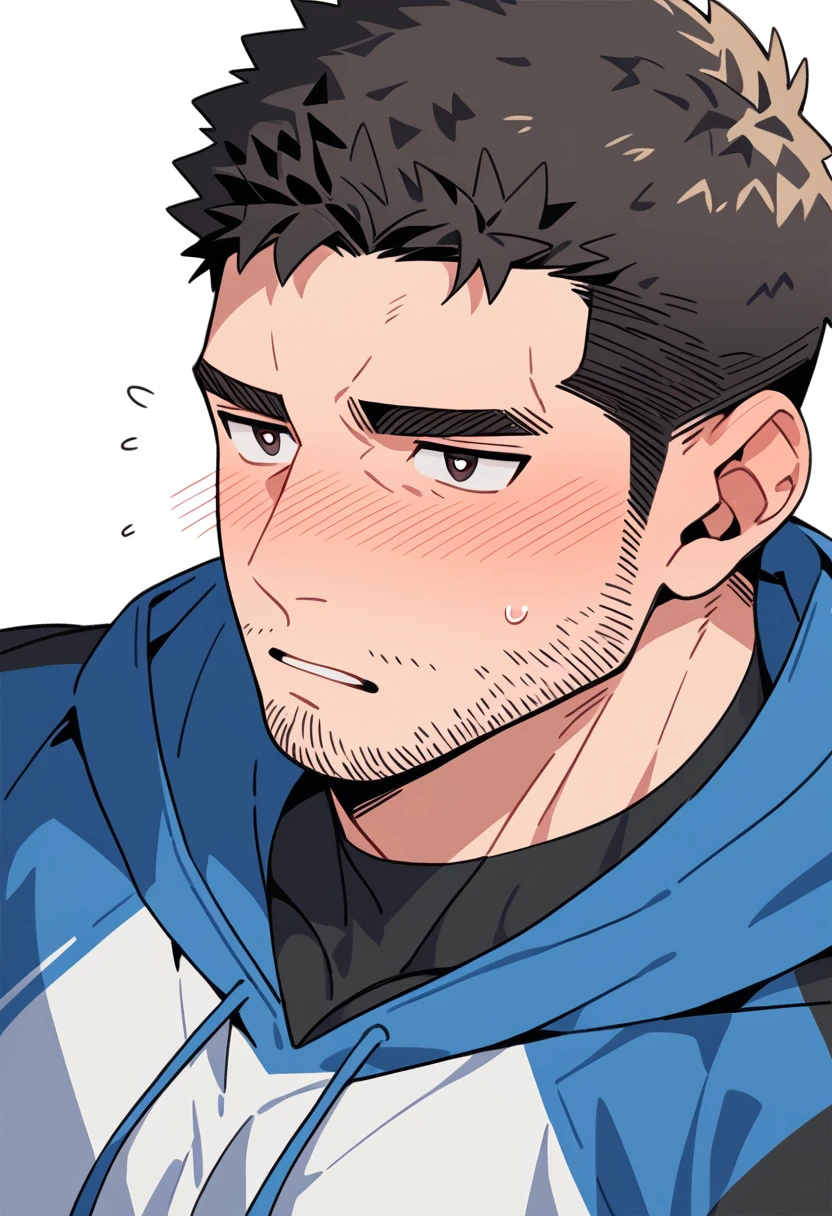 anime characters:Chris Redfield, Muscle Sports Student, Buzz Cut, Manliness, male focus, Sports tight hooded sweatshirt, Wear a black high-necked tights inside, Very tight, full and perky chest muscles, muscular male, muscular, only, Upper body, alone, Red short hair, Thick eyebrows, stubble, Brown-red pupils, White background, simple background, amazing quality, best aesthetics, Ridiculous, crew cut, parted lips, flustered, endured face, shy, blush, negative space, best quality