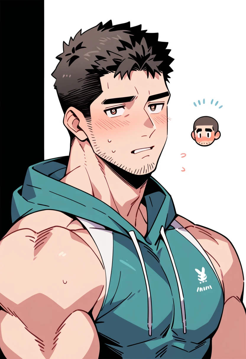 anime characters:Chris Redfield, Muscle Sports Student, Buzz Cut, Manliness, male focus, Sports tight hooded sweatshirt, Wear a black high-necked tights inside, Very tight, full and perky chest muscles, muscular male, muscular, only, Upper body, alone, Red short hair, Thick eyebrows, stubble, Brown-red pupils, White background, simple background, amazing quality, best aesthetics, Ridiculous, crew cut, parted lips, flustered, endured face, shy, blush, negative space, best quality