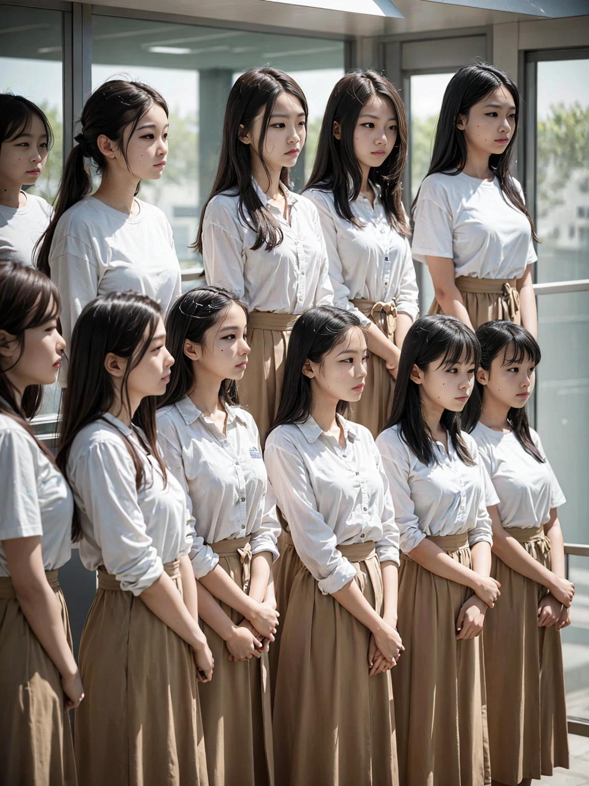 A group of 10 female students standing in a row、Women&#39;s dormitory、entrance、slender、Are thin、Blonde、Brown Hair、Black Hair、Huge 、Cleavage、Daytime、String Panties Thighs Thighs、Spread your legs wide、Short sleeve white shirt、Sexy、adultery、Amorous、Nipples