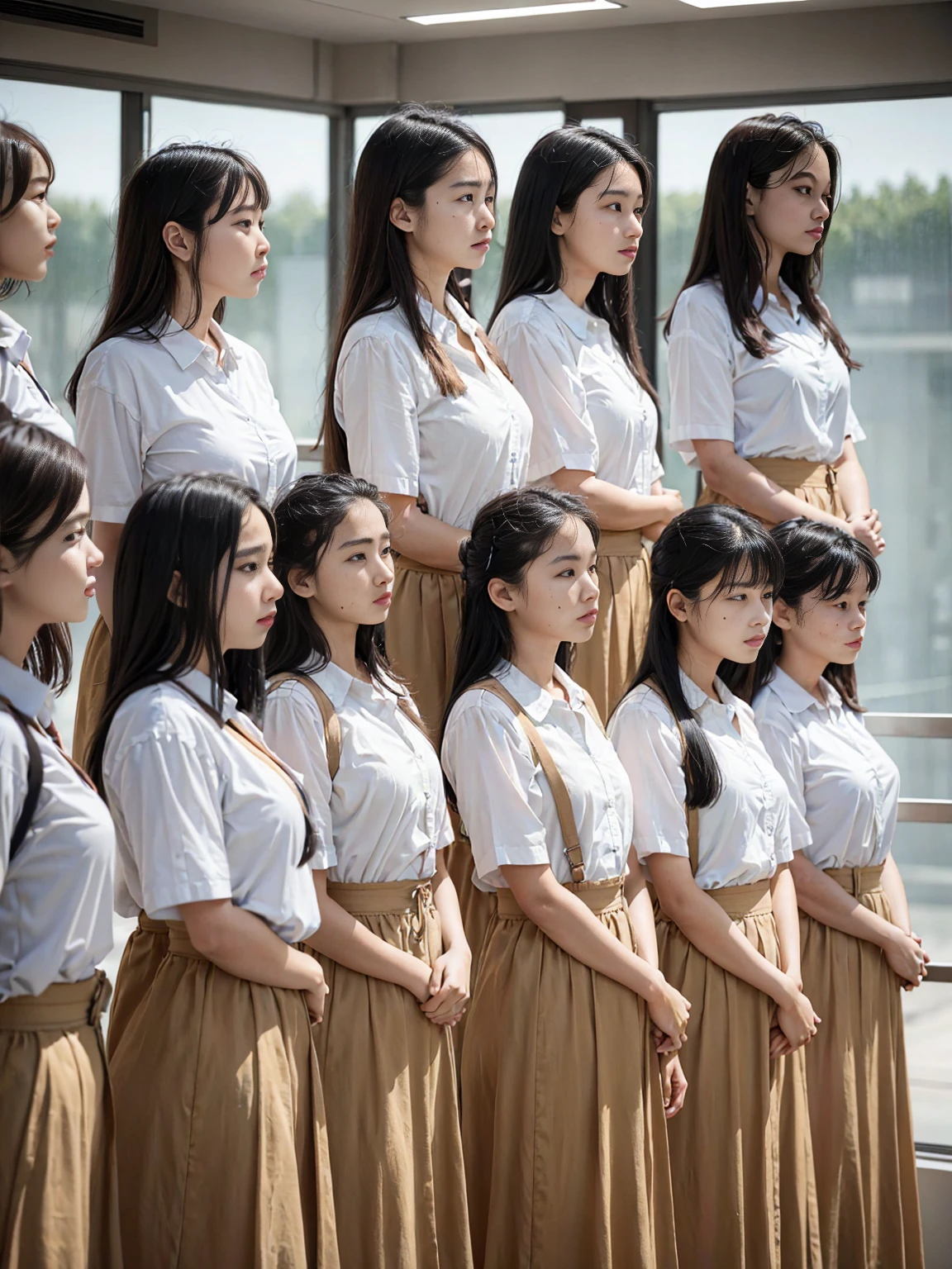 A group of 10 female students standing in a row、Women&#39;s dormitory、entrance、slender、Are thin、Blonde、Brown Hair、Black Hair、Huge 、Cleavage、Daytime、String Panties Thighs Thighs、Spread your legs wide、Short sleeve white shirt、Sexy、adultery、Amorous、Nipples