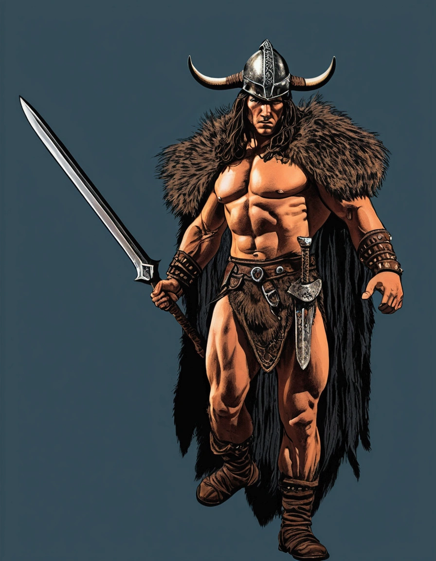 conan the barbarian wearing steel helmet with bull horns, holding a sword and wearing a fur cape: ultra realistic and detailed image