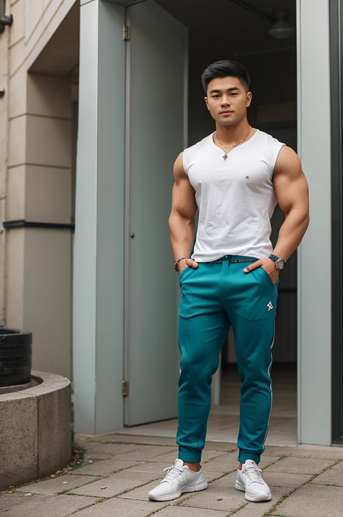 Wonderland, cards of various sizes, coins of various sizes, a young man aged 20, muscular Asian man, dashing and cool, wearing casual clothes and trousers, sports shoes,