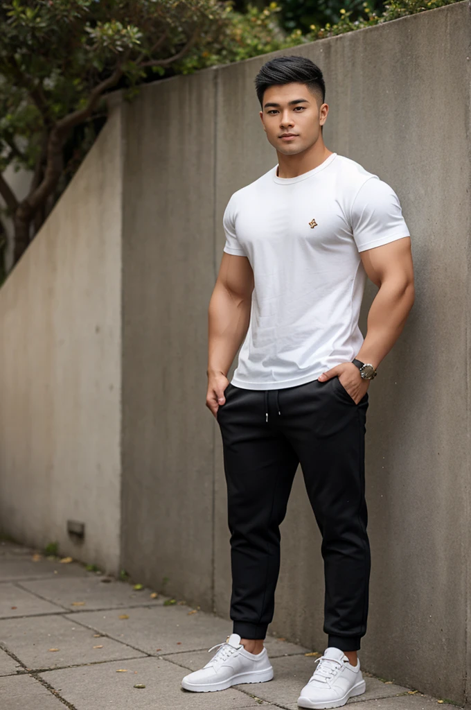 Wonderland, cards of various sizes, coins of various sizes, a young man aged 20, muscular Asian man, dashing and cool, wearing casual clothes and trousers, sports shoes,