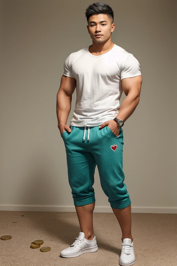 Wonderland, cards of various sizes, coins of various sizes, a young man aged 20, muscular Asian man, dashing and cool, wearing casual clothes and trousers, sports shoes,