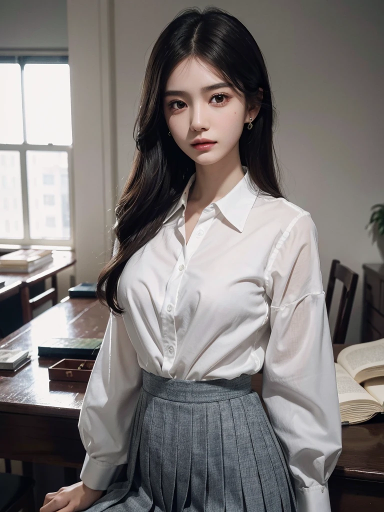 absurdres, RAW photo, extremely delicate and beautiful, masterpiece, Best Quality, ultra high resolution, 32k, hyperrealistic, ultra-detailed, perfect anatomy, super Detailed skin, perfect figure, Super Beauty, Perfect Style, Perfect balance, Beautiful Lighting, Perfect Lightning, Realistic Shadows, 20 years old, very Slim body, narrow waist, very small head, very small face, delicate facial features, handsome detailed woman, very detailed eyes and face, realistic face proportions, Realistic beautiful face, Realistic beautiful eyes, tearful mole, earring, very huge round breasts, legs, medium hair, whole body shot, indoor, school_uniform, dress shirt, pleated skirt,