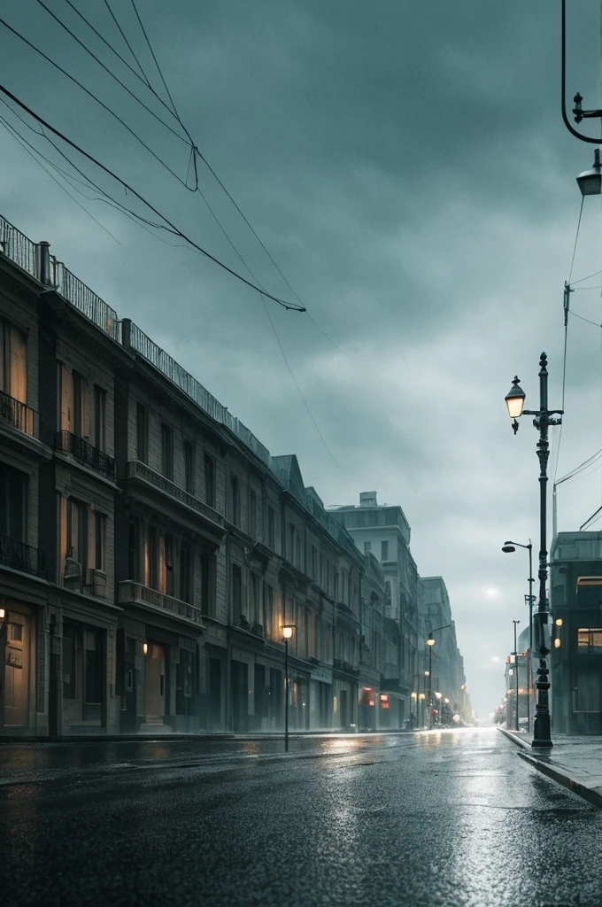 a rainy night in an empty street, dark moody atmosphere, cold winter weather, streetlamps, puddles on the ground, gloomy cloudy sky, cinematic lighting, atmospheric, melancholic, desolate, (best quality,4k,8k,highres,masterpiece:1.2),ultra-detailed,(realistic,photorealistic,photo-realistic:1.37),cinematic composition,dramatic lighting,muted color palette,moody and atmospheric