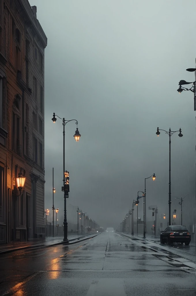 a rainy night in an empty street, dark moody atmosphere, cold winter weather, streetlamps, puddles on the ground, gloomy cloudy sky, cinematic lighting, atmospheric, melancholic, desolate, (best quality,4k,8k,highres,masterpiece:1.2),ultra-detailed,(realistic,photorealistic,photo-realistic:1.37),cinematic composition,dramatic lighting,muted color palette,moody and atmospheric