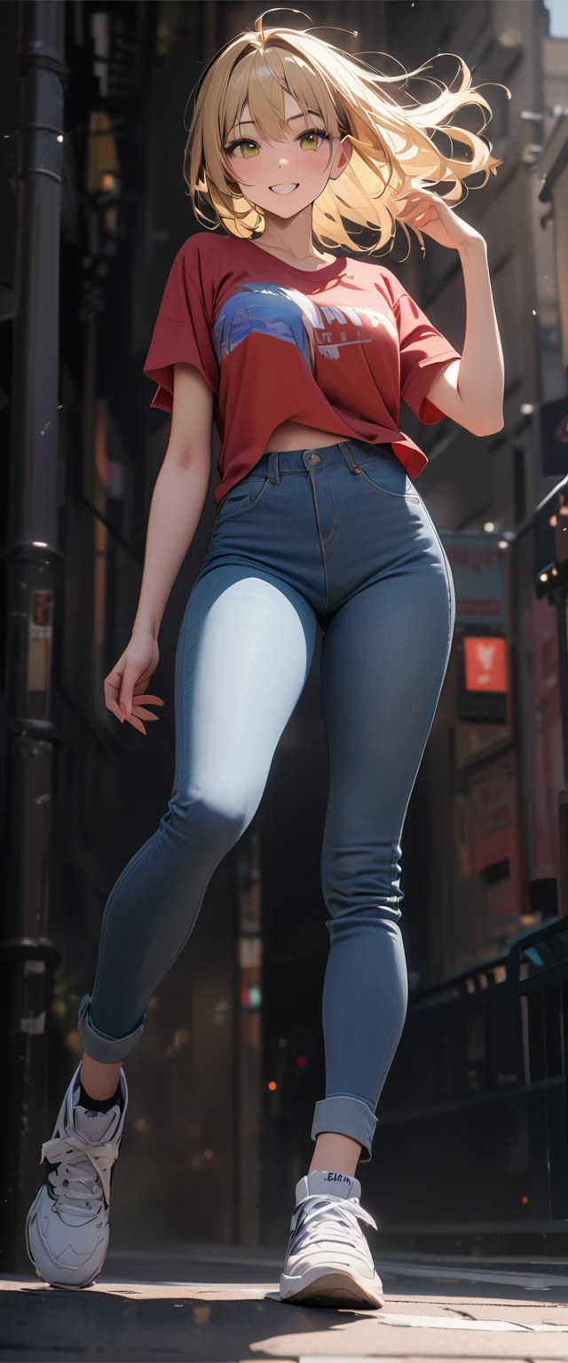 (masterpiece:1.2, Highest quality,High resolution,Super detailed),8k,wallpaper,(Written boundary depth),(Sophisticated lighting),(Improving cinematic lighting quality),(Jacket),(Pop T-shirt),(jeans),(sneakers),White women,Dancer,Dancing in New York,(blonde),(((front))),(((whole body:1.5))),(smile),((Fine hand)),((Beautiful female hands)),New York and the Statue of Liberty in the background