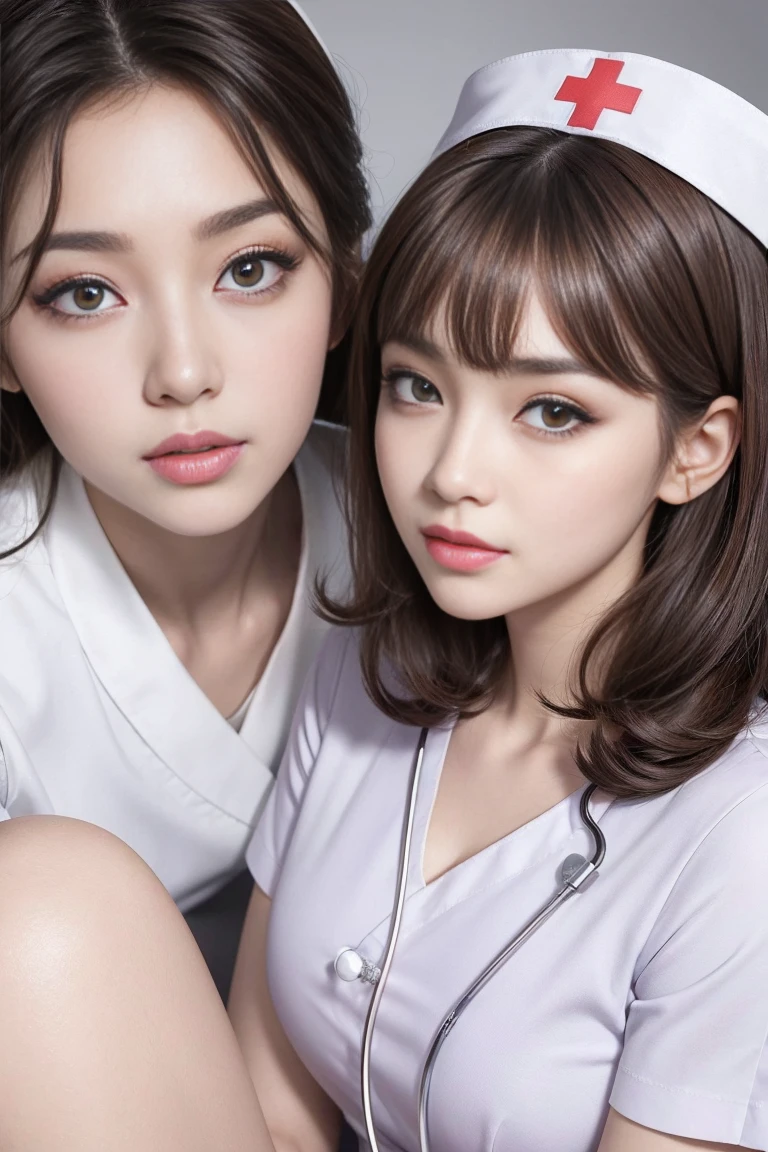 (1 终极美女nurse)、((Realistic lighting, Highest quality, 8k, masterpiece:1.3)), Lock Focus:1.2, Beautiful woman with perfect figure:1.4, : Beautiful Korean Girl, Korean pop idol,Leg length,(Pale skin), (Big eyes),(smile:0.8),(Plump and sexy lips), Complex and elaborate face, ((Very delicate skin)),Delicate face,Ultra-thin face,Squint your eyes,double eyelid,((Brown Hair)),(nurse:1.3),(nurse帽:1.3),background: (ward:1.2),,Large depth of field,Ultra-thin face,Squint your eyes,double eyelid,(Let's start from the bottom:1.manner,(Mid-chest:1.2),Sexy long legs, (Thigh Gap:1.5),Wide Hips,S-shaped body, Hip Lift,Leg length,Full body proportions seen from the front,、(While wearing a howing panties to the camera)),