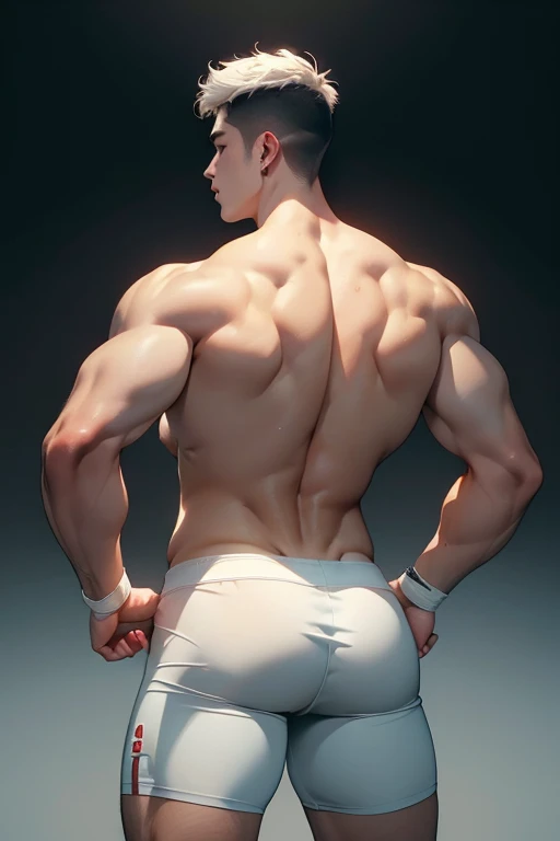 (best quality,4k,highres,masterpiece:1.2),ultra-detailed,realistic:1.37,korean man, muscular man, big buttocks, glancing backwards, slim body, few fingers, masculine features, white man, tight white shorts, Caucasian race, portraits, bright colors, dramatic lighting