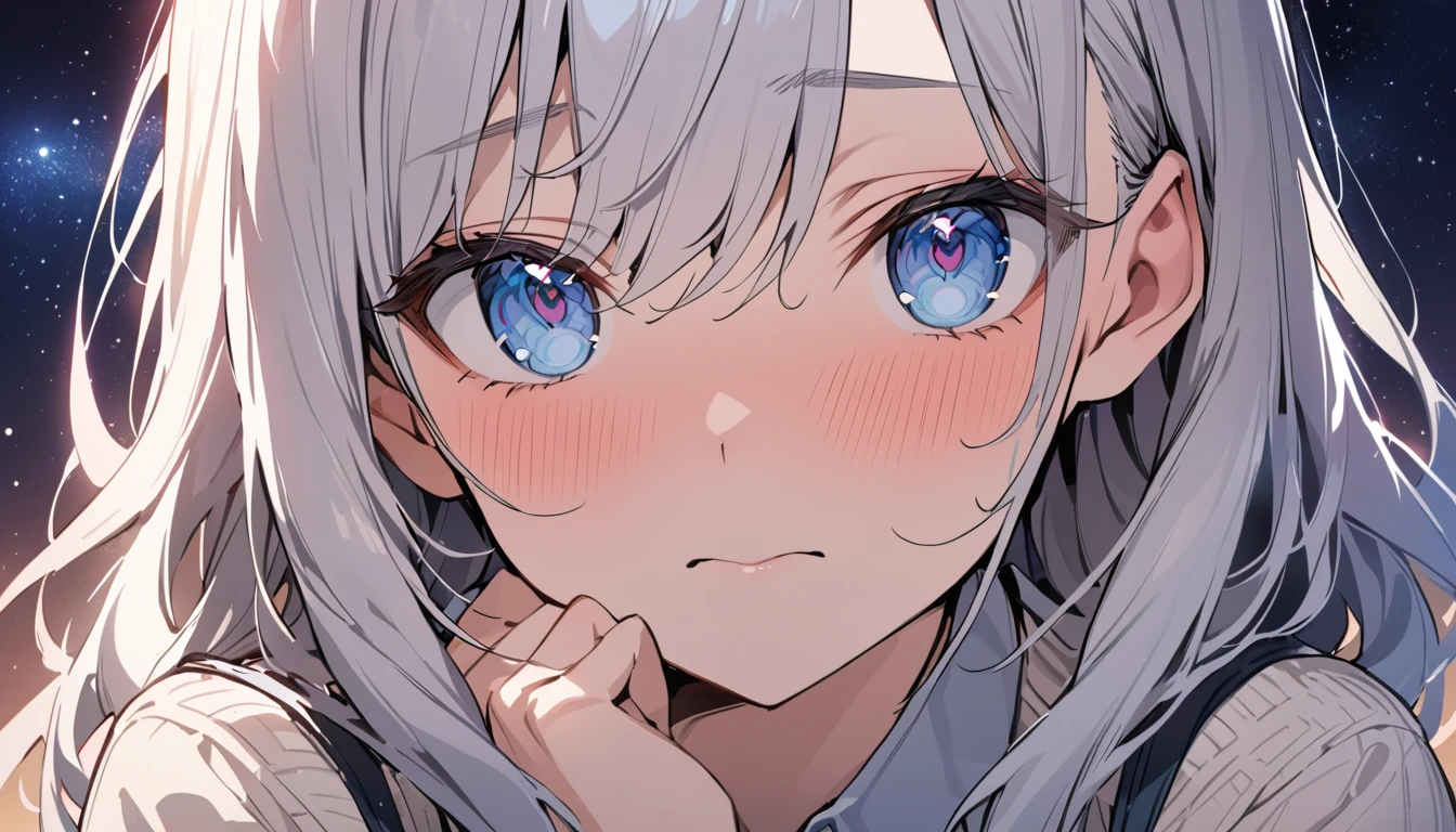 masterpiece, High resolution, perfect face, Japan beauties, 30 years old, beautiful face, star sky background, high school student, embarrassed look, look at the camera, (top quality eyes), detailed texture, Look at me, Married woman, cool women, ((high resolution eyes)), hentai eye