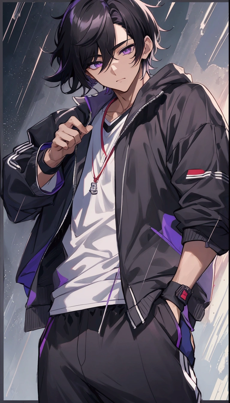 tmasterpiece,Need,Ultra-high resolution,shoun,(with short black hair),Handsome man,Growing purple eyes, Sportswear,athletic sneakers,shorter pants,By the wall,very heavy rain,(Looking Up The Sky)