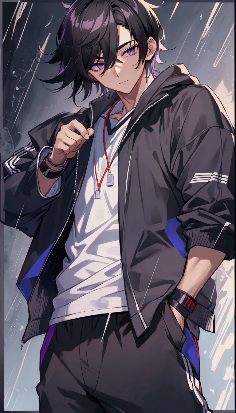 tmasterpiece，Need，Ultra-high resolution，shoun，(with short black hair)，Handsome man，Growing purple eyes,  Sportswear，athletic sneakers，shorter pants，By the wall，very heavy rain，（Looking Up The Sky）