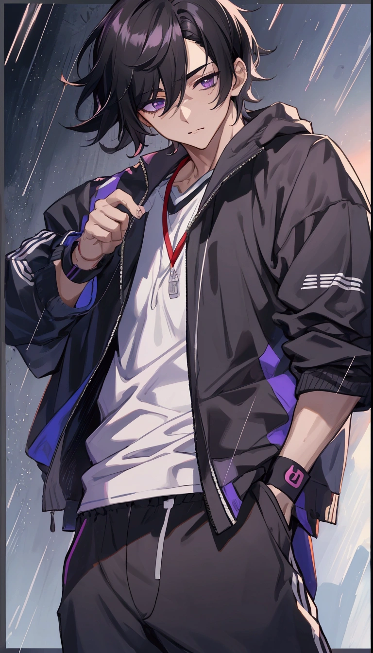 tmasterpiece，Need，Ultra-high resolution，shoun，(with short black hair)，Handsome man，Growing purple eyes,  Sportswear，athletic sneakers，shorter pants，By the wall，very heavy rain，（Looking Up The Sky）