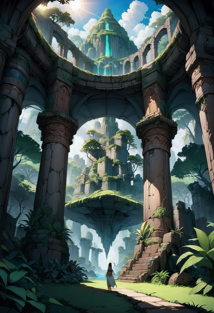 1girl, a mysterious island, a magical fantasy tropical island, lush green jungle, ancient ruins, glowing crystals, warm sunlight, vibrant colors, dramatic skies, fantasy landscape, highly detailed, cinematic lighting, intricate details, a sense of wonder and adventure, (4k,8k,highres:1.2), ultra-detailed, masterpiece, best quality, very aesthetic, absurdres