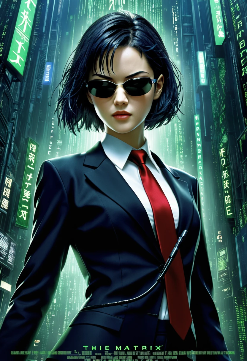 (masterpiece, best quality,ultra highres), (movie poster art,title  of "the matrix"),In the center of the poster,heroine girl in posing,(16yo,(darkblue wavy-short hair),thick eyebrows,middle small breasts),(wearing black suit,red tie),black cyber eyewear,handgun,