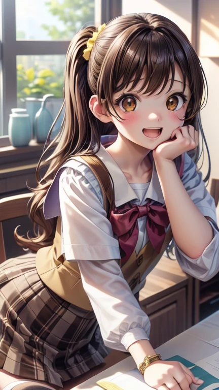 Browsing Caution,((1 male、1 female,Have )),Lying down,(Brown eyes:1.7), Brown Hair, hair ornaments, ヘアScrunchie, Long Hair, ピンクのScrunchie, Scrunchie, (Flat Chest:1.2), Break Green skirt, Plaid, Plaidskirt, Southwest College Uniforms, , Yellow vest,skirt,(Tabletop:1.2), Highest quality, High resolution, unity 8k wallpaper, (shape:0.8), (Beautiful attention to detail:1.6), Highly detailed face, Perfect lighting, Extremely detailed CG, (Perfect hands, Perfect Anatomy),Persistent Gaze, Looking at the audience, Yandere trance, Yandere, Put your hands on your face,Put your hand on your cheek, Hollow Eyes, Yandereスマイル,Laughing with your mouth open,High resolution,Highest quality
