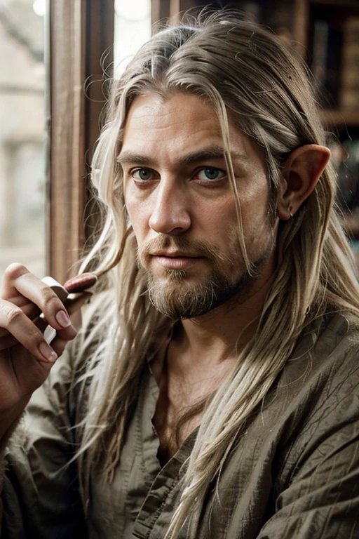 Half elf, sleepy eyes, Wise man, neck-length white hair, messy hair, thin beard, drunkard, mediaval, Dress neatly, look like haymitch from hungger game