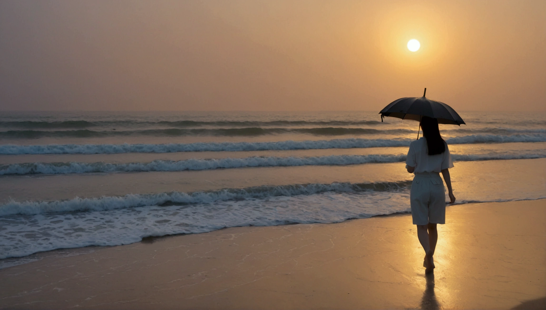 8k, Vivid picture quality, Vivid picture quality, long deserted beach, walking slowly from afar, Short hair, beautiful appearance, Model-like body, sunset의 붉은 빛, sunset, alone, afternoon, depressed, tide가 밀려온다, rain, medium size black umbrella, ocean, tide, wind, rain가 내리는, Short and slim Korean woman, tower, White shorts, rain가 내리는, walking on the beach with a black umbrella, the sun is just above the horizon